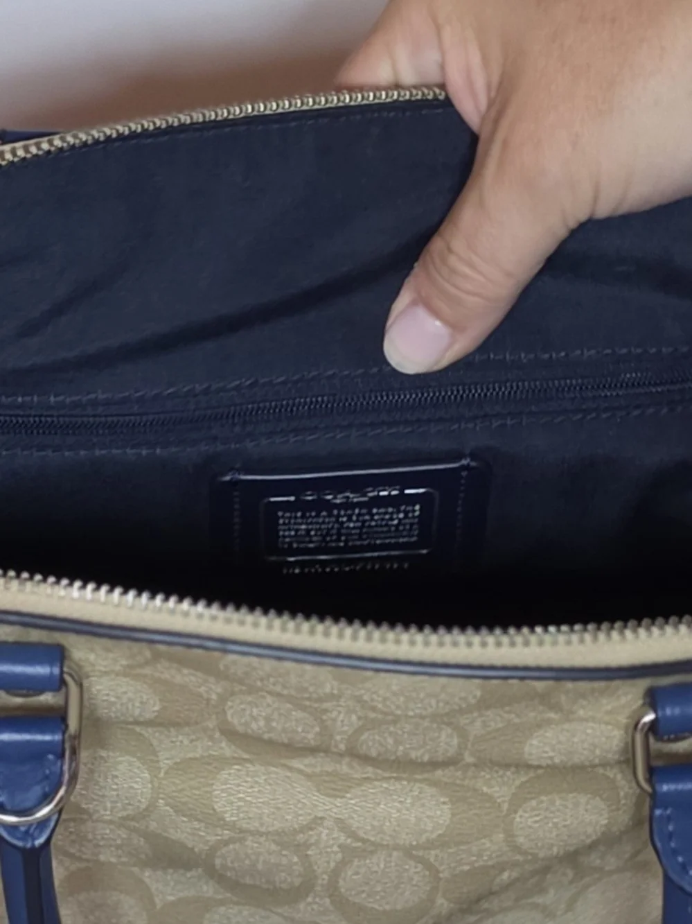 Coach Cream Signature Dome Satchel with Blue Trim